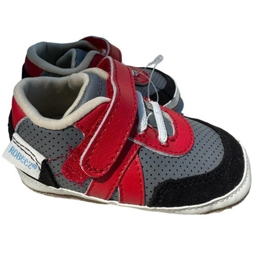 Robeez Sneakers Kids US‎ 2 Grey Red Black Soft Sole Hook Loop first shoes